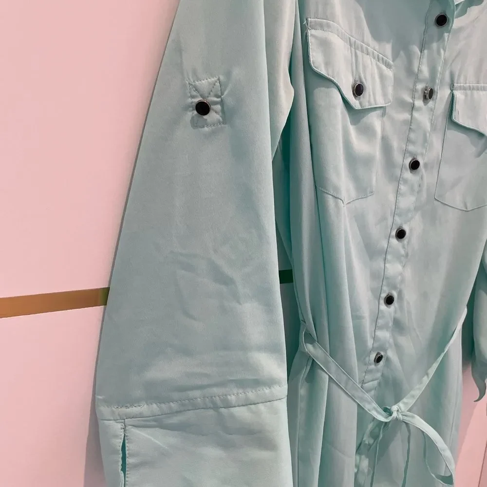 SPEED Control Aqua Turquoise Lightweight Long Sleeve Shirt Dress Button Belted